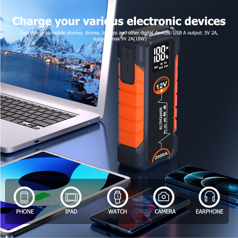 12v 2000A wireless charging power bank jump starter USB Fast Charging Portable Safe Jump Starter