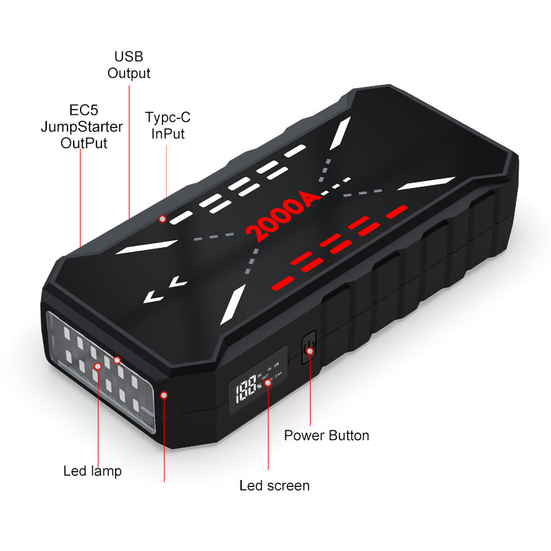 OEM&OMD Factory Supply 2000A 12V Emergency Battery Booster Jump Pack Jump Starter with Flashlight Portable Jump Starter for Car