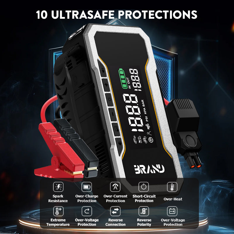 Multi-Function Jump Starter Power Bank Jump boost Pack 12V Build in Tire Compressor Portable  Car Jump Starter with Safe Clamp