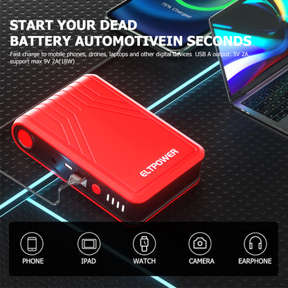 Emergency Car Battery Jump Starter 1800A Jumper Starter Car Jump Battery Booster with Flashlight Smart Safety Cable